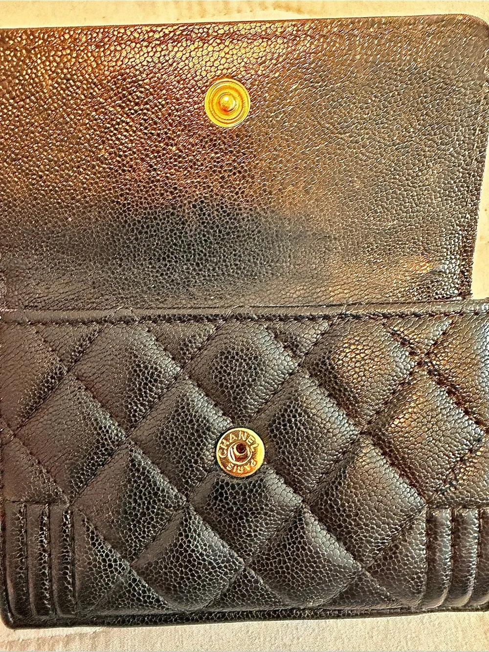 CHANEL Black Quilted Leather Compact Wallet Trifold